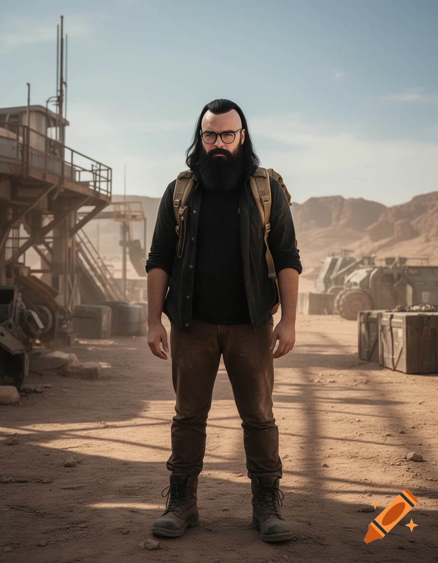 Photorealistic full-body portrait of a man with a long black beard, glasses, and dark shirt standing in a desert sci-fi outpost.