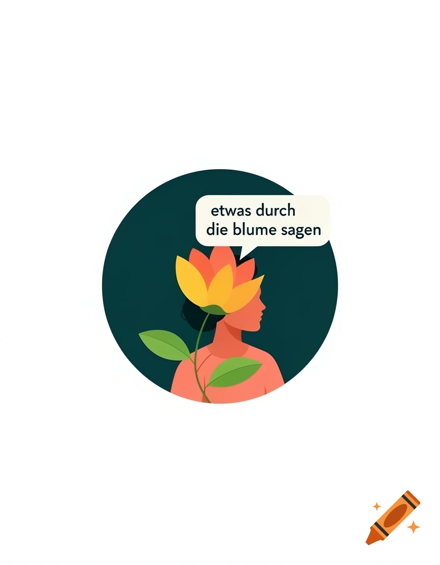 Vector illustration of a profile of a person with a flower for a head, with a speech bubble saying 'etwas durch die blume sagen'.
