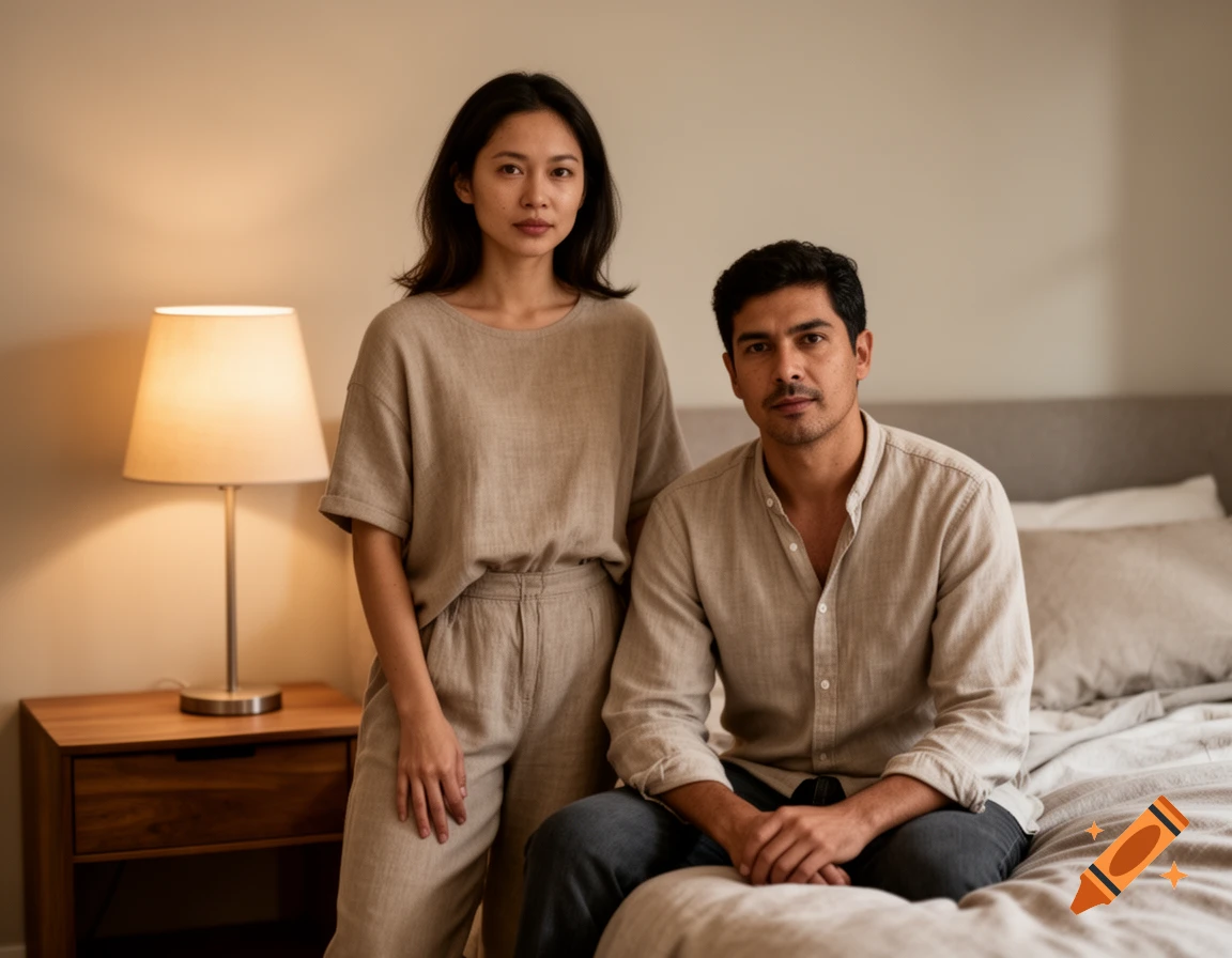 Photorealistic indoor portrait of a man sitting on a bed and a woman standing next to him in a neutral-toned bedroom.