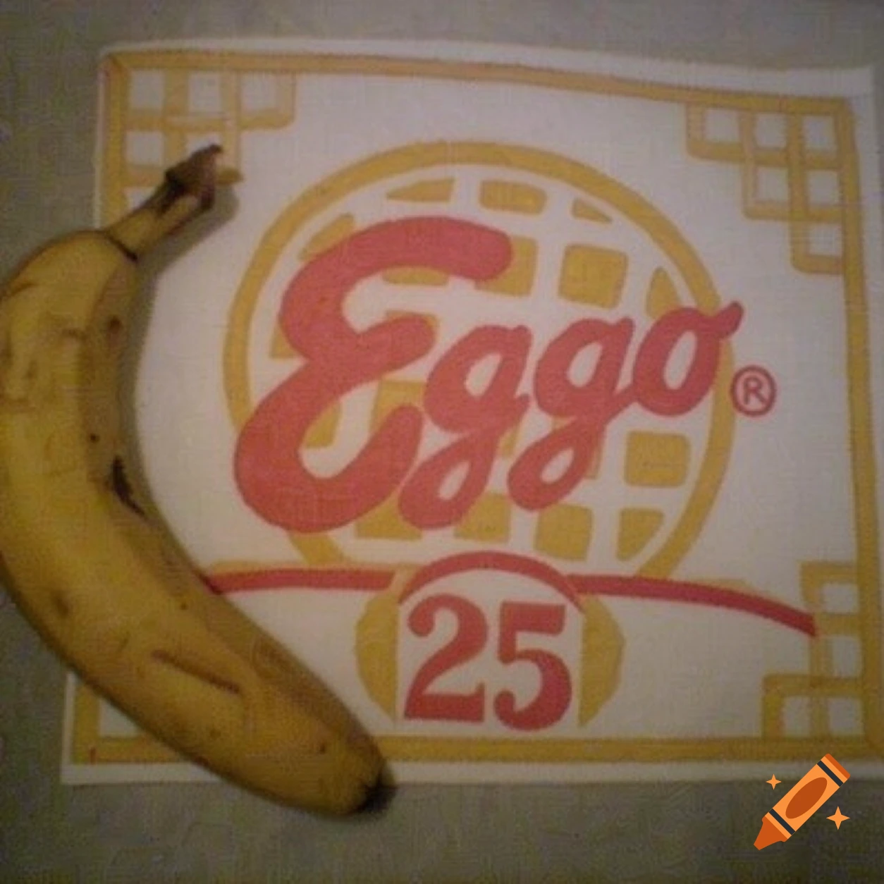 A real banana placed next to a paper sheet featuring an Eggo waffle logo and the number 25.