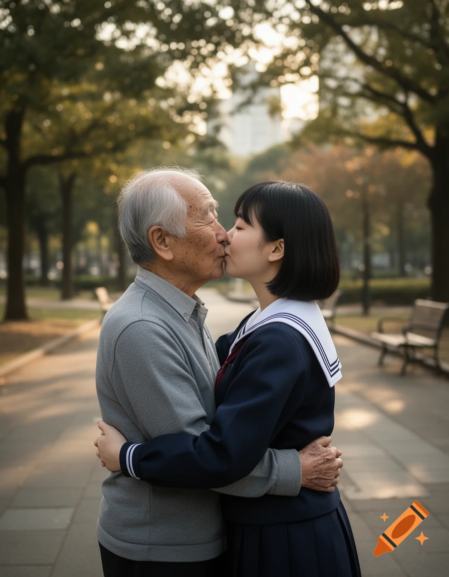 An elderly man and a young woman in a sailor school uniform kissing and hugging in a park path, photorealistic.