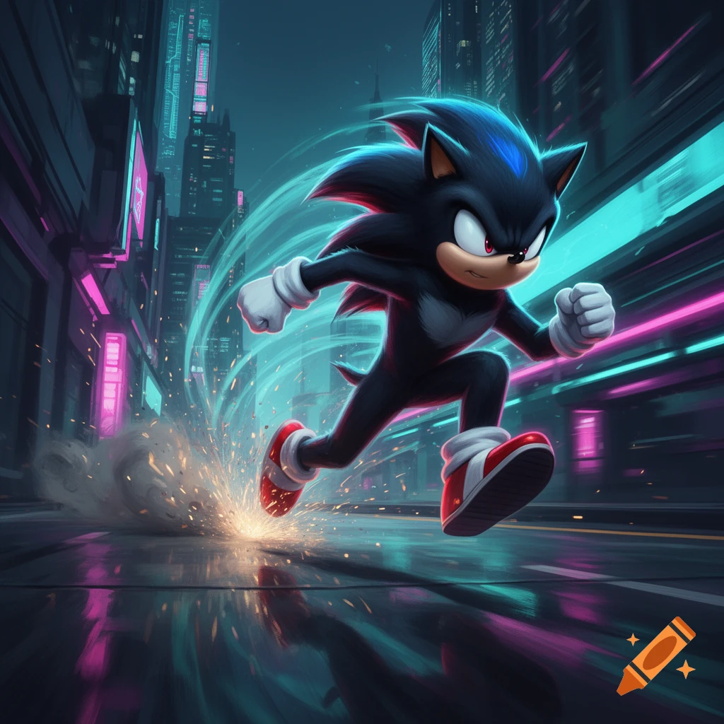 Black Sonic the Hedgehog running at high speed through a neon-lit cyberpunk city at night.