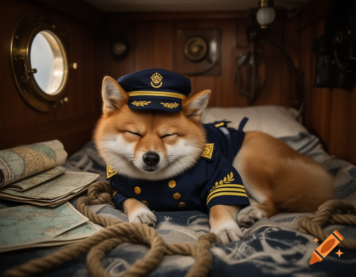 A fluffy shiba inu dog wearing a navy blue captain's uniform and cap, sleeping peacefully on a bed inside a boat cabin.