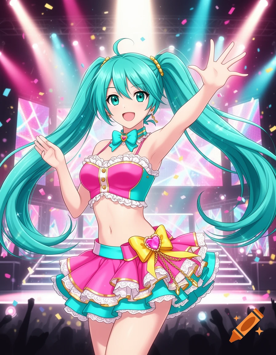 Anime illustration of Hatsune Miku in a vibrant pink and cyan idol outfit on a stage with spotlights and confetti.