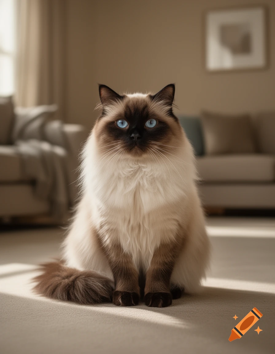 Photorealistic image of a fluffy Ragdoll cat with blue eyes sitting on a light-colored carpet in a softly lit living room.