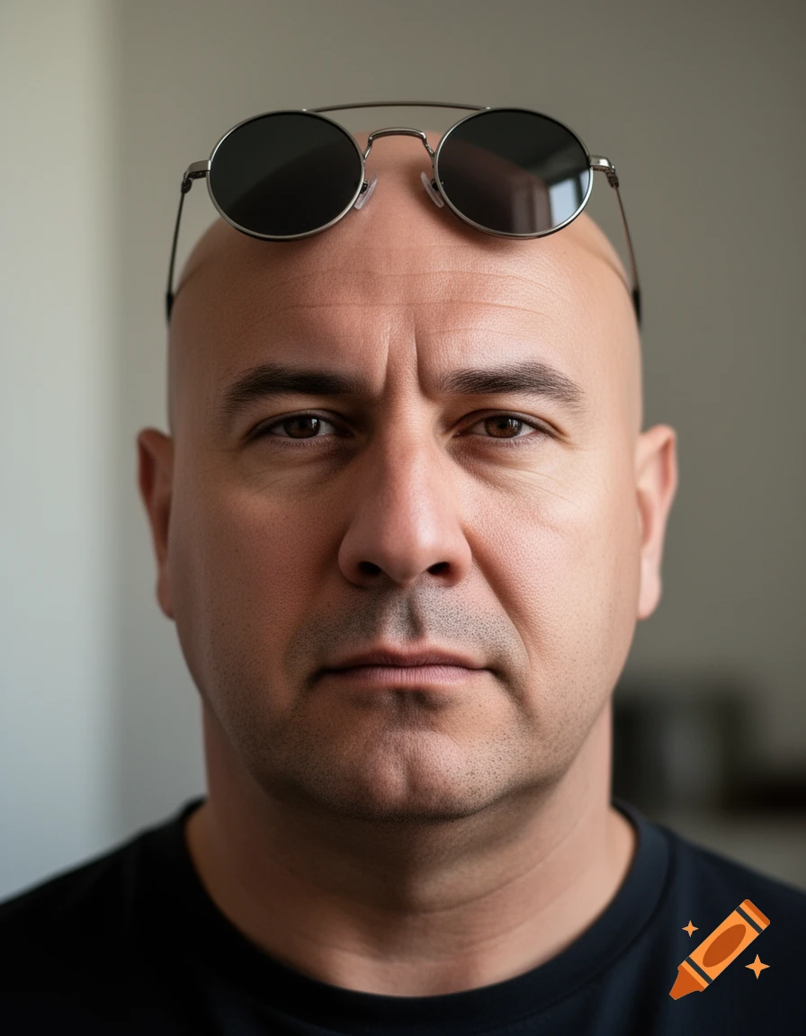Close-up photorealistic portrait of a bald man with a square face, large nose, and round sunglasses resting on his forehead.