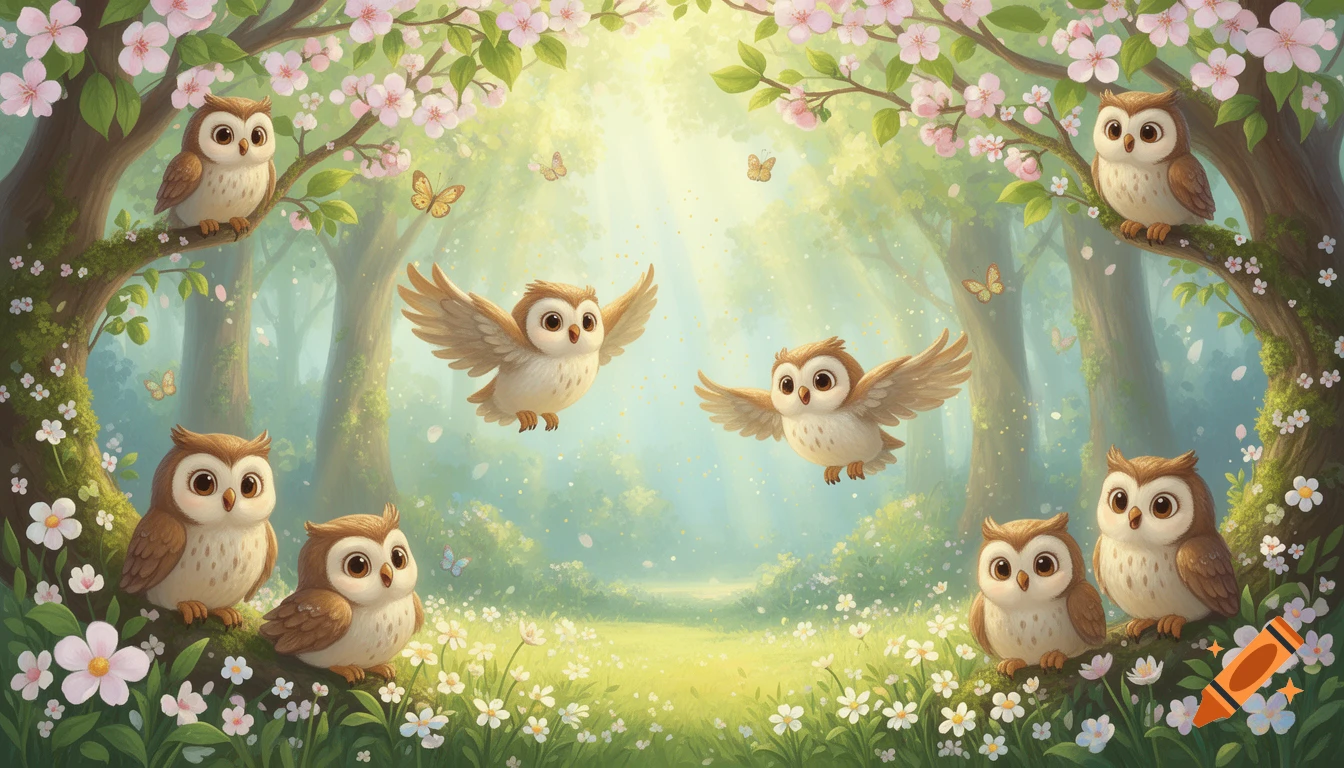 Cute cartoon owls sitting and flying in a sunny spring forest with blossoming trees and flowers in Studio Ghibli style.