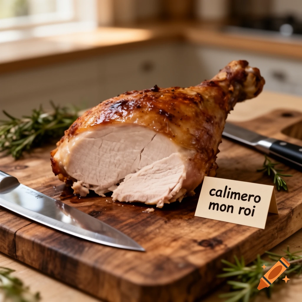 Photorealistic image of a cooked turkey leg and a slice on a wooden cutting board with a small sign reading 'calimero mon roi'.