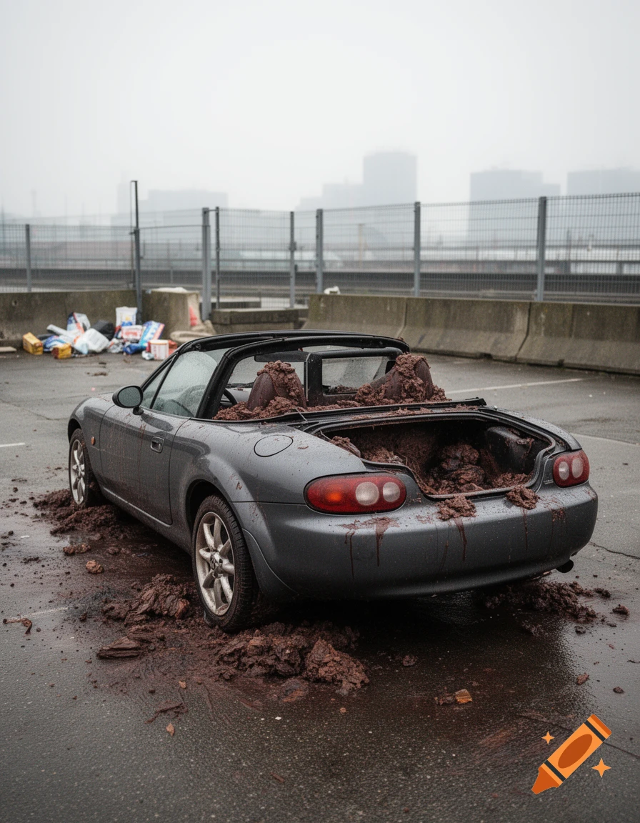 Photorealistic image of a grey Mazda Miata convertible parked outdoors with its interior and open trunk filled with brown debris.