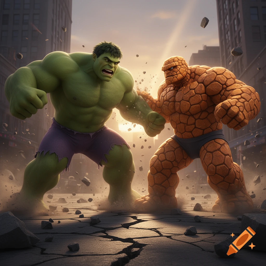Hulk and The Thing fighting in the middle of a city street in Pixar style.