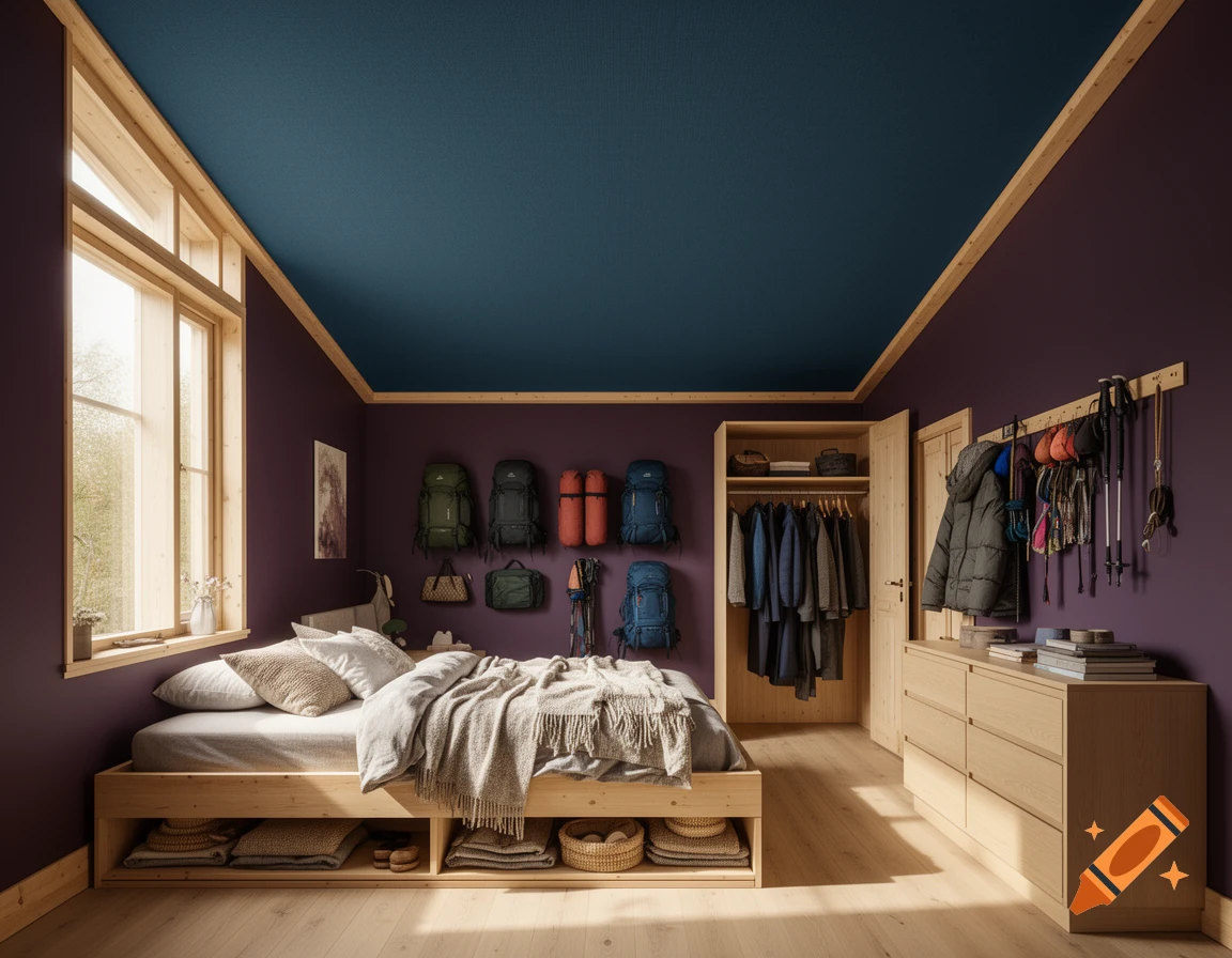 Photorealistic Scandinavian-Maximalist bedroom with purple walls, blue ceiling, wooden bed, and outdoor gear on the wall.