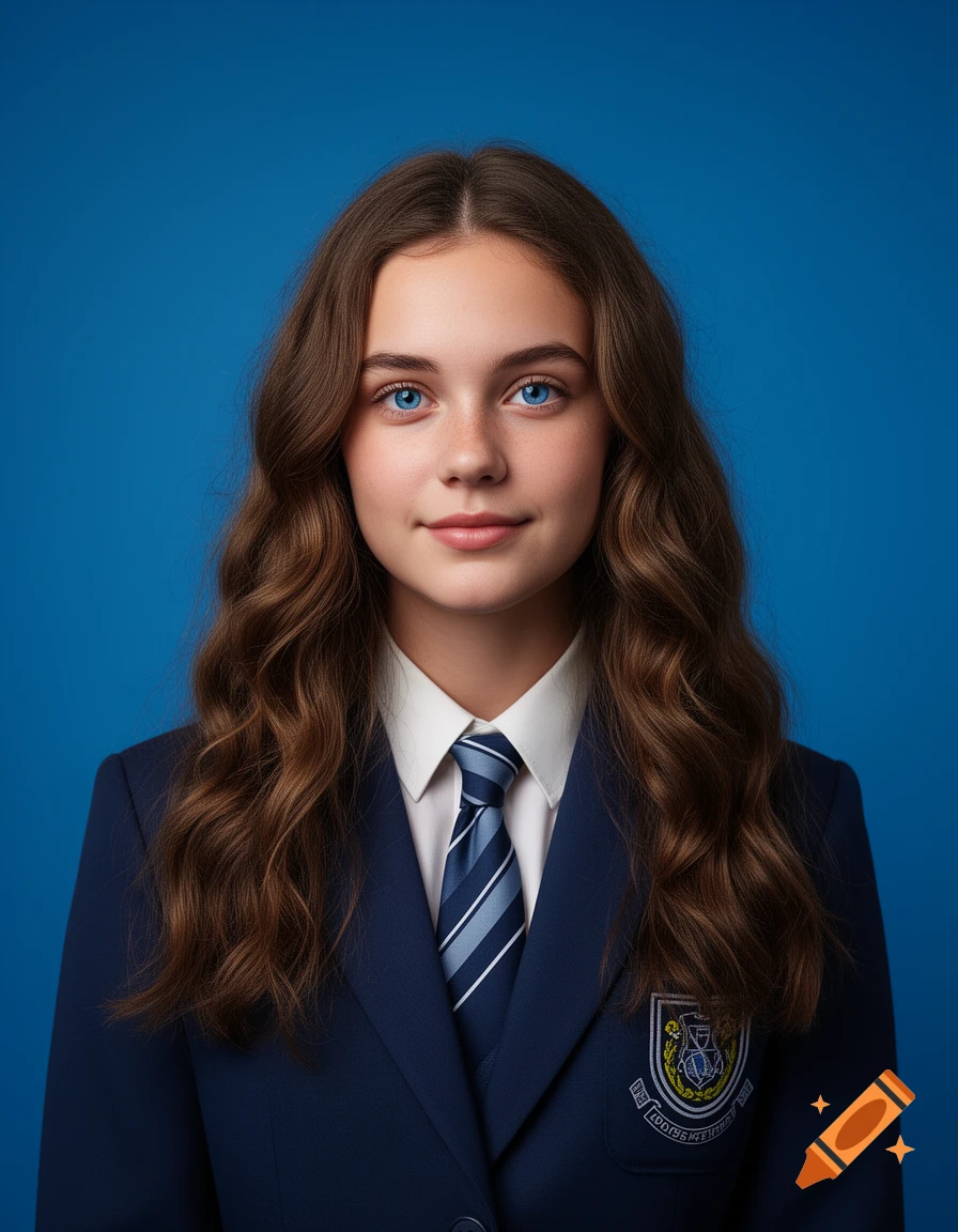 Photorealistic portrait of a young teenage girl with long brown hair and blue eyes, wearing a school blazer and tie, against a blue background.