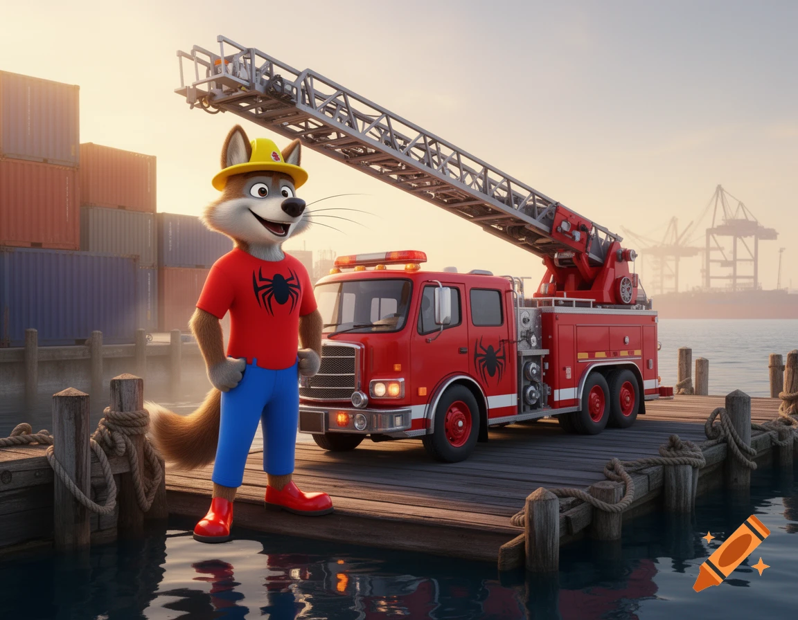 CGI animation of a male wolf firefighter in a red shirt and yellow hat standing on a wooden dock next to a red ladder truck.