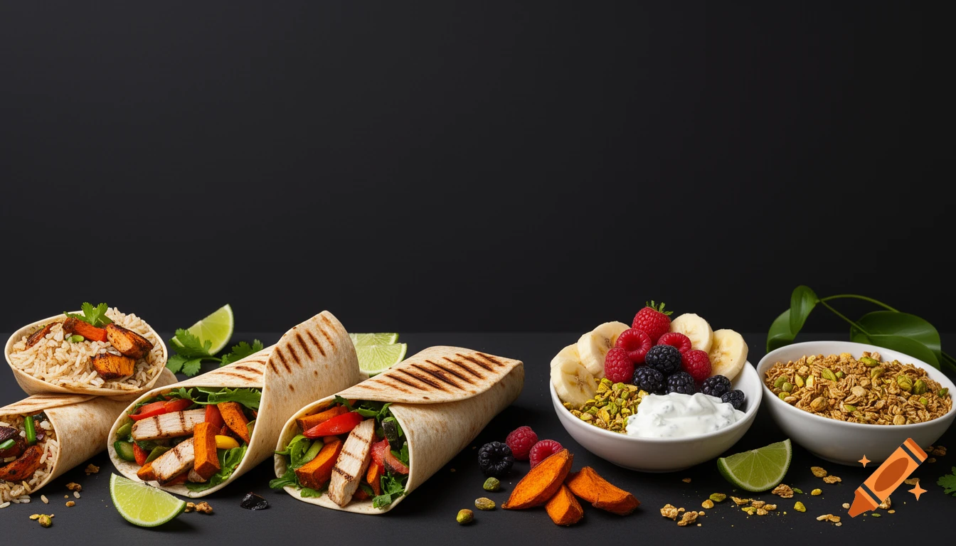 Commercial food photography banner showing wraps, power bowls with rice and roasted sweet potato, and yogurt bowls with berries and granola on dark background.