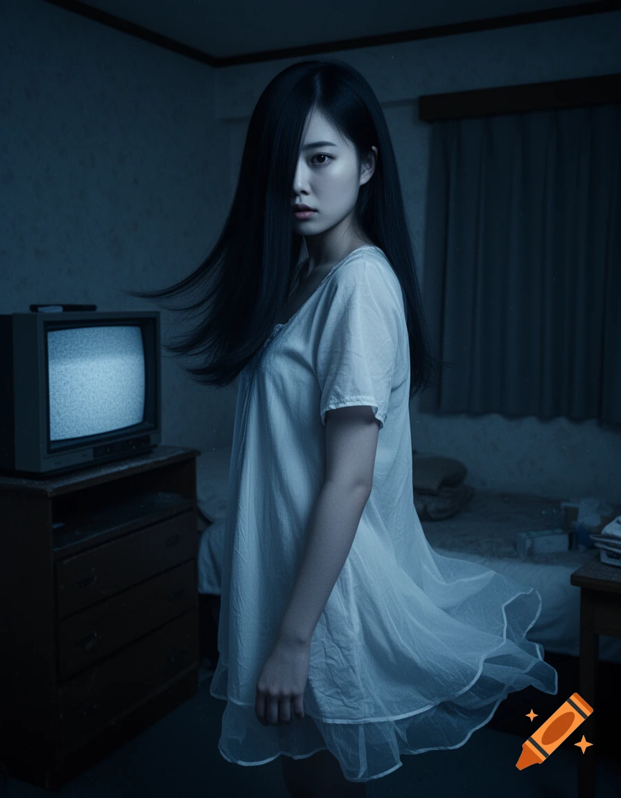 Photorealistic medium shot of a Japanese ghost woman with long black hair covering one eye, wearing a white dress in a dark room.