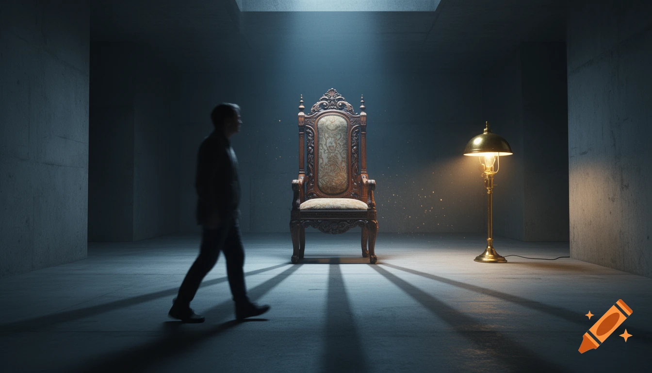 Cinematic wide-angle shot of a minimalist concrete room with a Victorian chair and an illuminated brass lamp, with a blurry figure walking by.