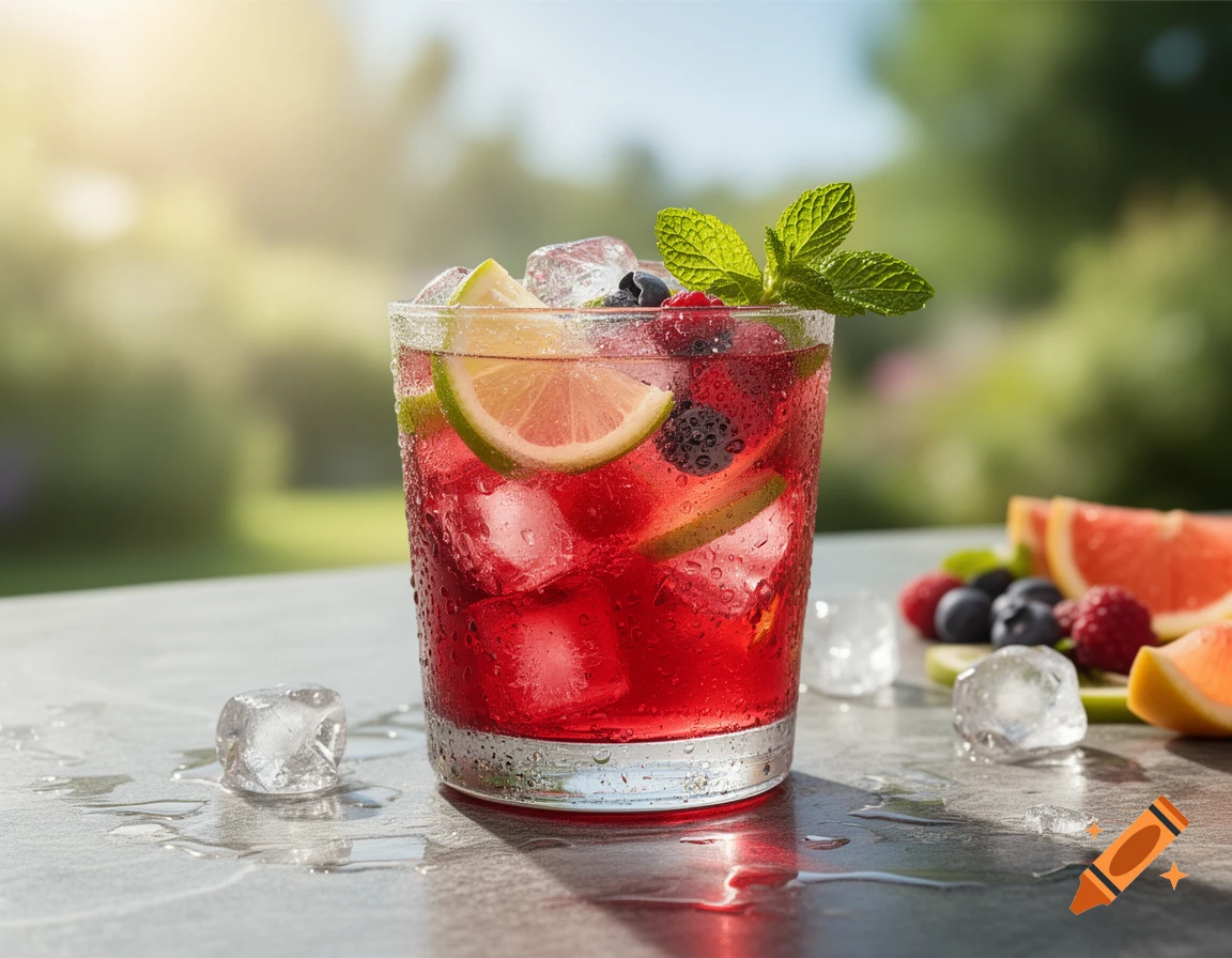 Photorealistic red cocktail in a glass with ice, lime slice, berries, and mint leaves on a dark surface.