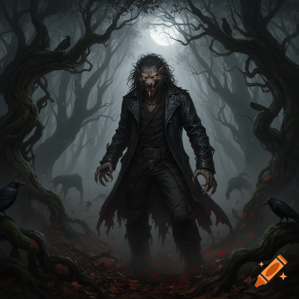 A stylized werewolf in a black trench coat standing in a dark, misty forest surrounded by bare trees and crows under a full moon.