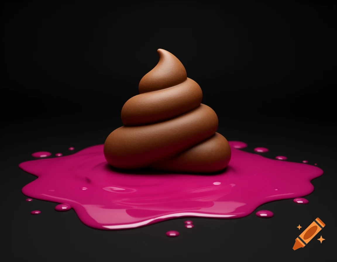 A 3D render of a brown poop emoji sitting in a puddle of bright magenta paint on a black background.