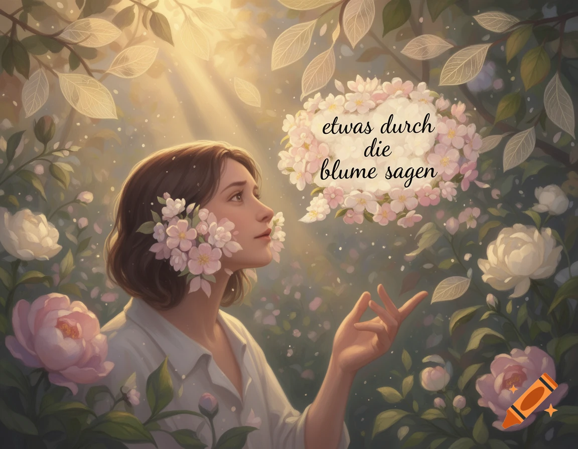 Digital painting of a woman with flowers in her hair looking up at a cloud made of blossoms containing German text.