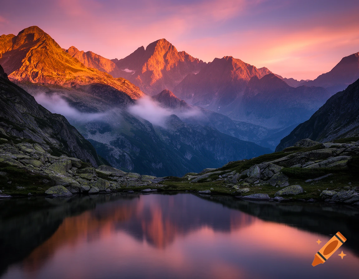 Photorealistic landscape of rugged mountains reflecting in a tranquil alpine lake during a vibrant pink and purple sunset.