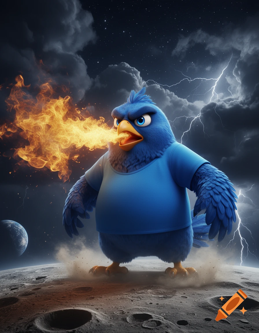 Pixar-style 3D digital art of a huge angry blue bird wearing a blue t-shirt and breathing fire on the moon at night with lightning and stormy clouds.