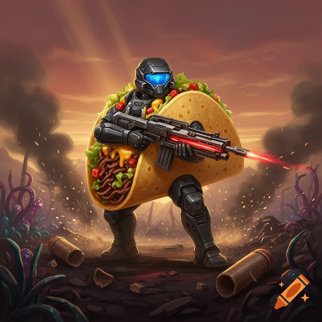 Digital illustration of a soldier in tactical armor styled as a giant taco holding a futuristic rifle on a war-torn alien battlefield.