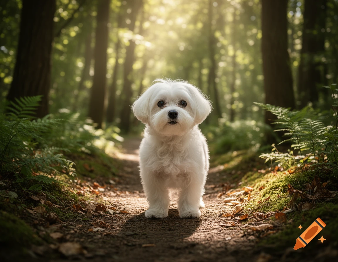 Photorealistic white Maltese dog standing on a sunlit dirt path in a lush green forest.