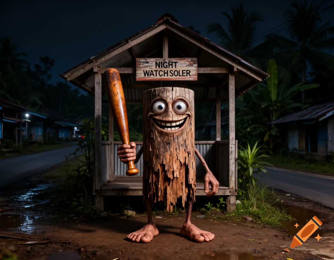 Creepy wooden creature with bulging eyes and a smile holding a bat standing near a shelter at night, photorealistic style.