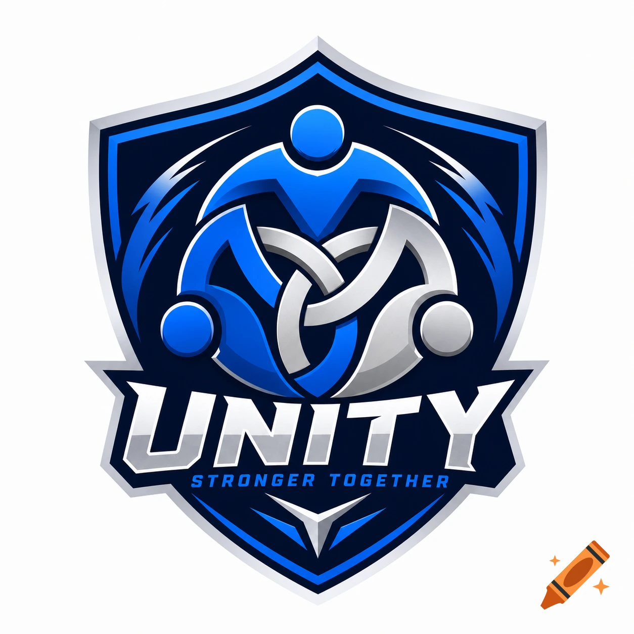 Blue and silver shield logo featuring abstract human figures and the text UNITY STRONGER TOGETHER.