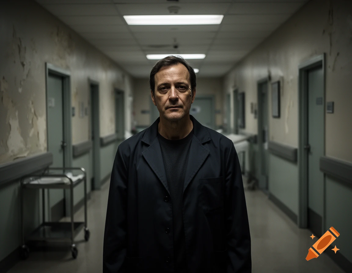Photorealistic medium shot of a man in a dark coat standing in a dimly lit, deteriorating hospital hallway.