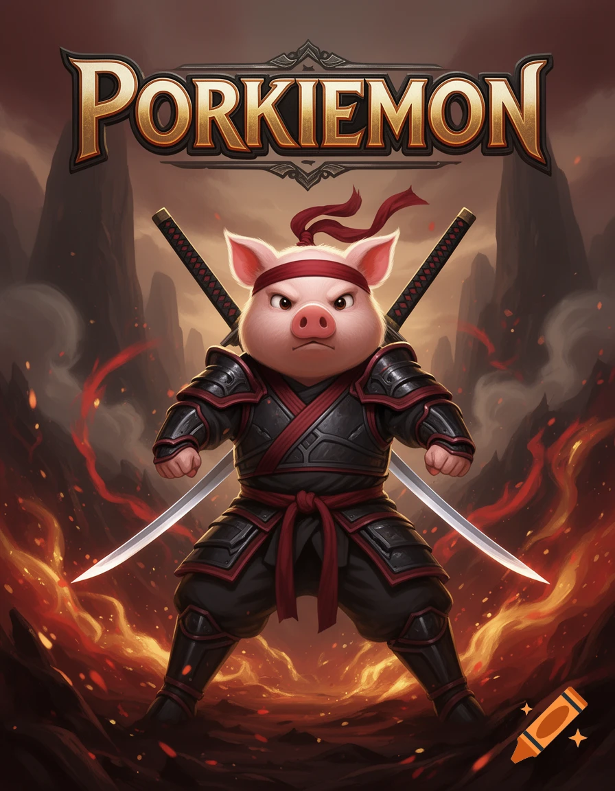 Digital illustration of an anthropomorphic pig ninja in dark armor with crossed swords, set against a fiery background, with the title Porkiemon at the top.