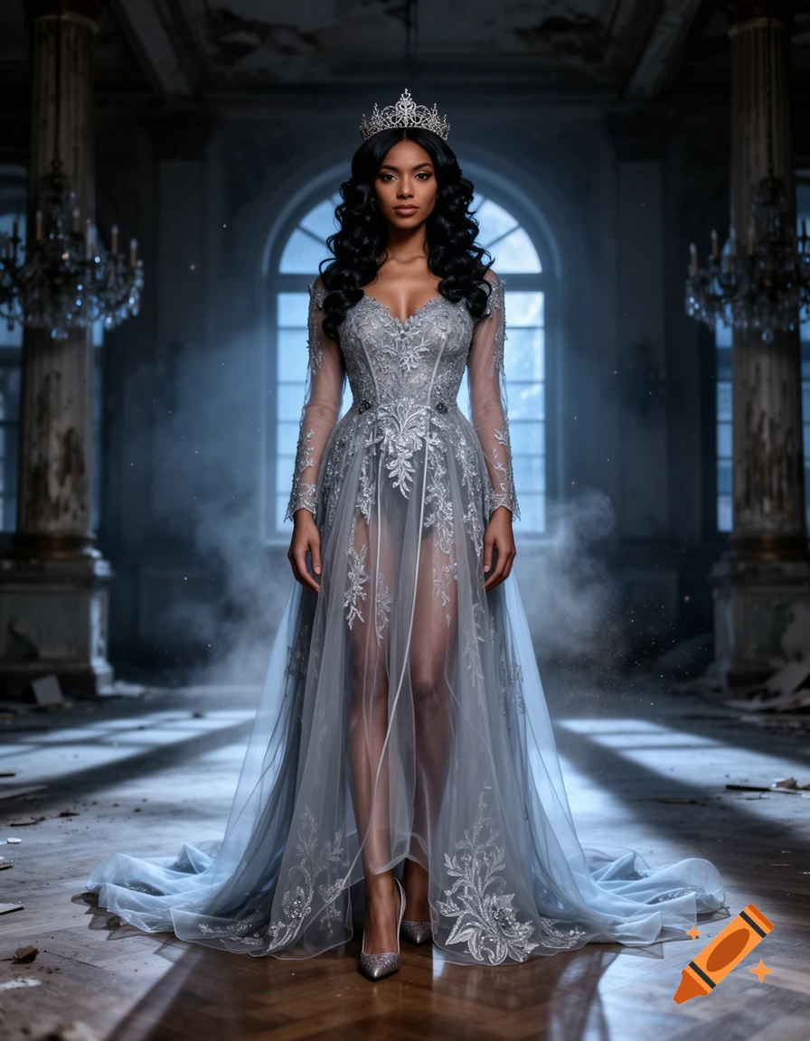 Photorealistic image of a mixed-race ghost queen with black curly hair, wearing a flowing silver gown and crown in a ruined ballroom.