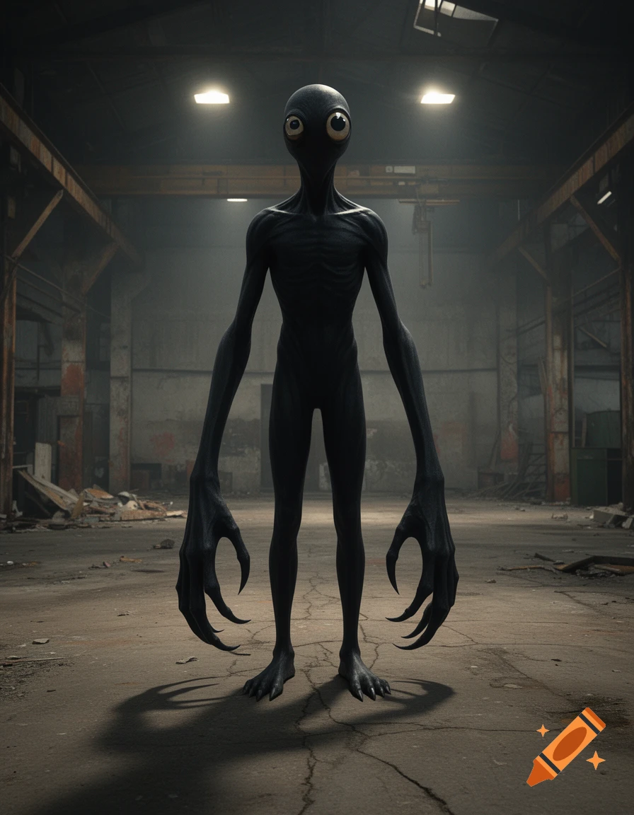 Photorealistic tall pitch-black monster with a cylinder head, large asymmetrical eyes, and long clawed arms in an abandoned warehouse.