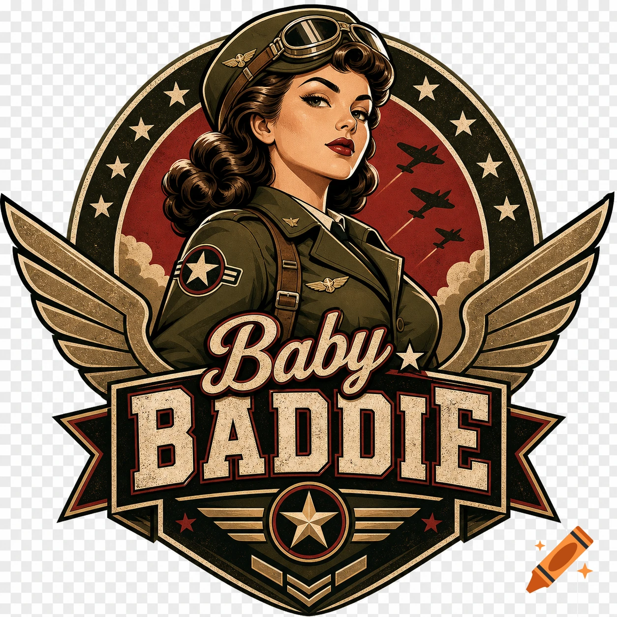 Vintage military pin-up girl logo with wings, stars, and the text Baby Baddie.