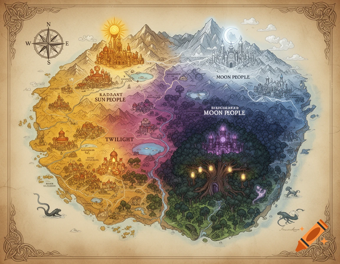Fantasy book map of a single continent divided into sun, twilight, and moon people regions with castles and towns.