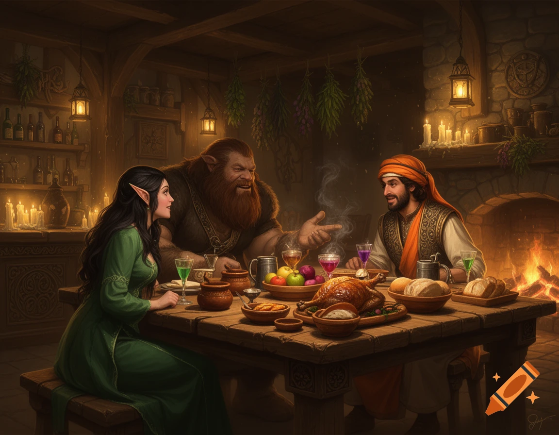 Digital painting of an elf woman, a giant, and an Arab man dining together in a cozy medieval tavern.