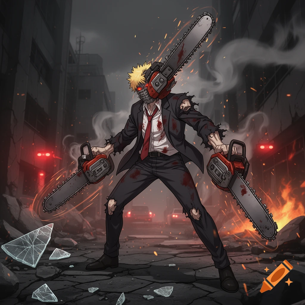 Anime style illustration of a character with a chainsaw head and chainsaws for hands, standing in a destroyed street.