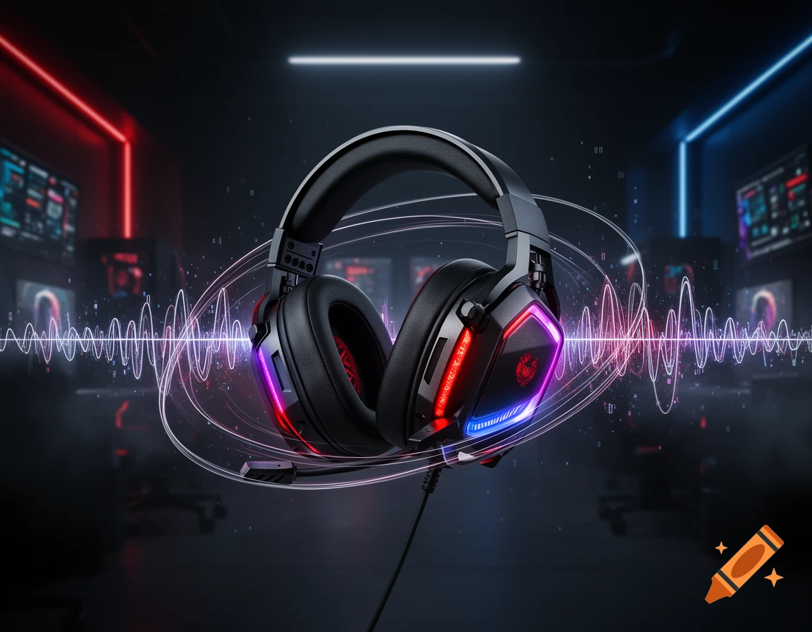 Photorealistic gaming headphones with RGB lighting and 3D sound effects in a futuristic room.