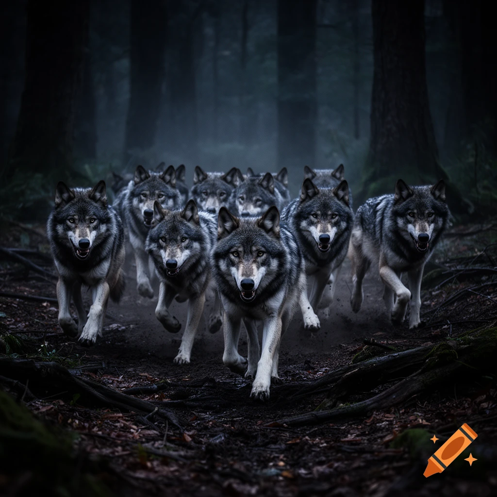 Photorealistic image of a pack of eleven wolves running aggressively through a dark, foggy forest.