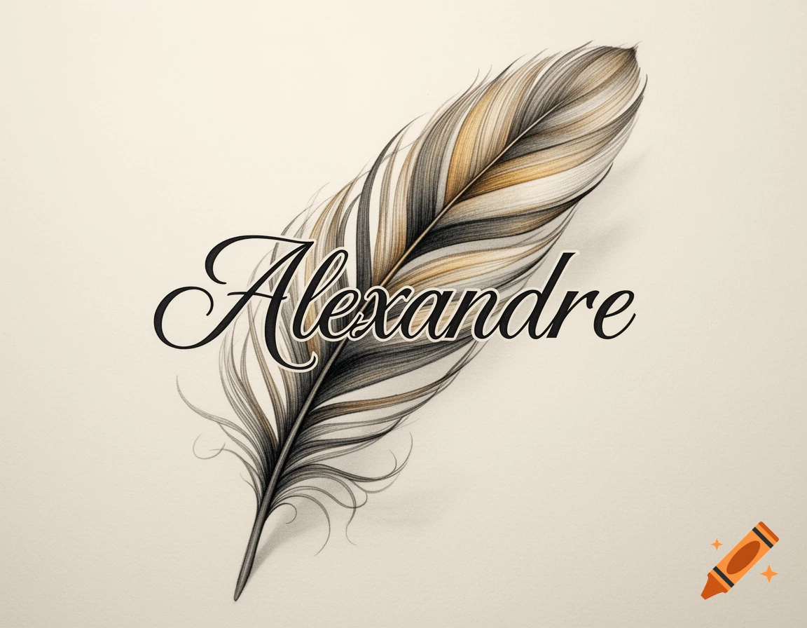 An artistic drawing of a detailed feather in black, white, and gold, with the name Alexandre written in script across it.
