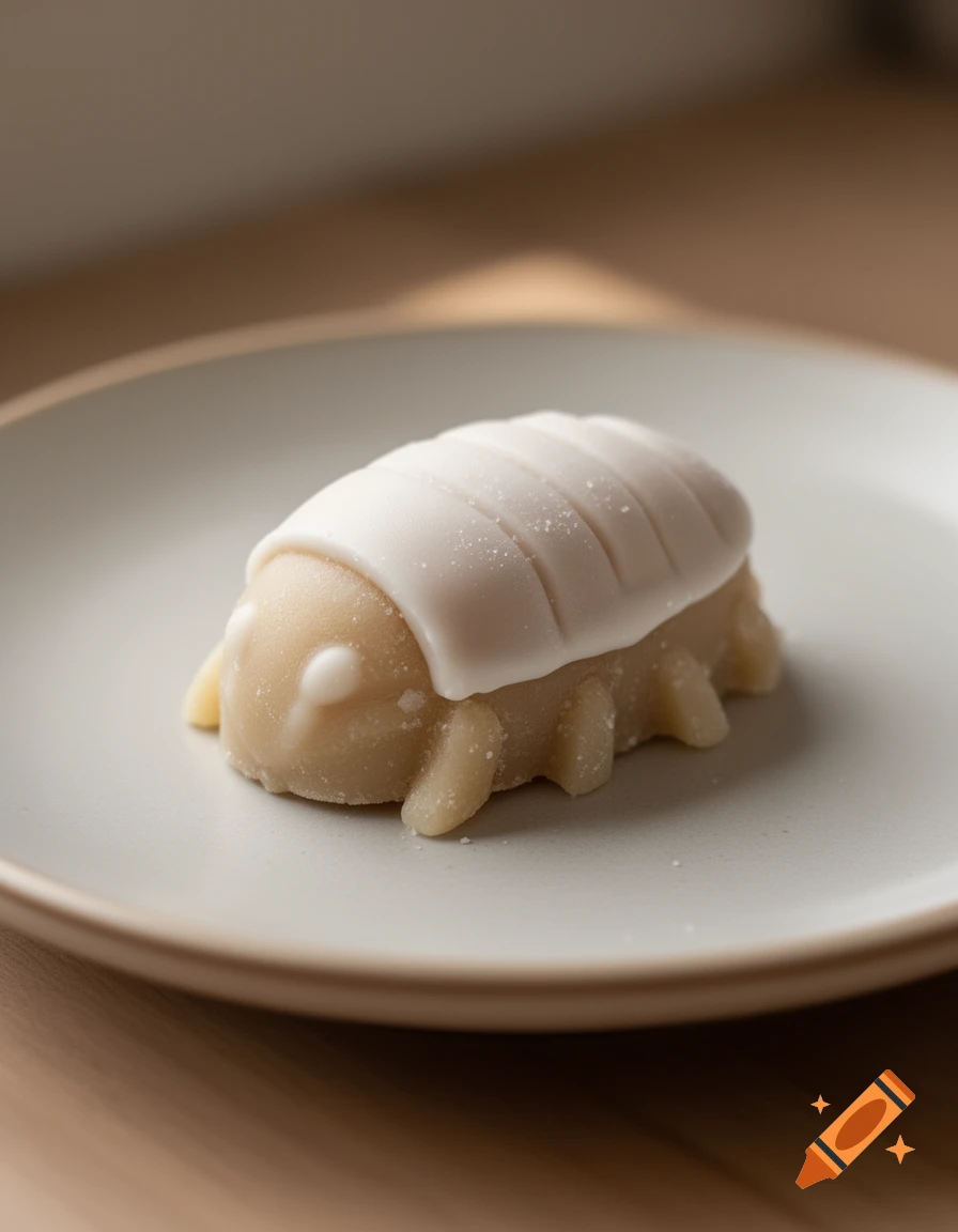 Close-up of a French calisson shaped like an insect resting on a white ceramic plate.