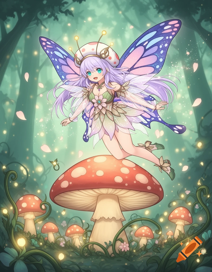 Anime-style fairy with butterfly wings and purple hair flying above a large mushroom in an enchanted forest.