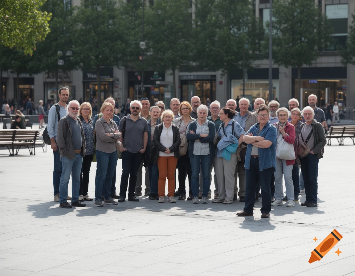 Photorealistic image of a large diverse group of people standing together in a public square.