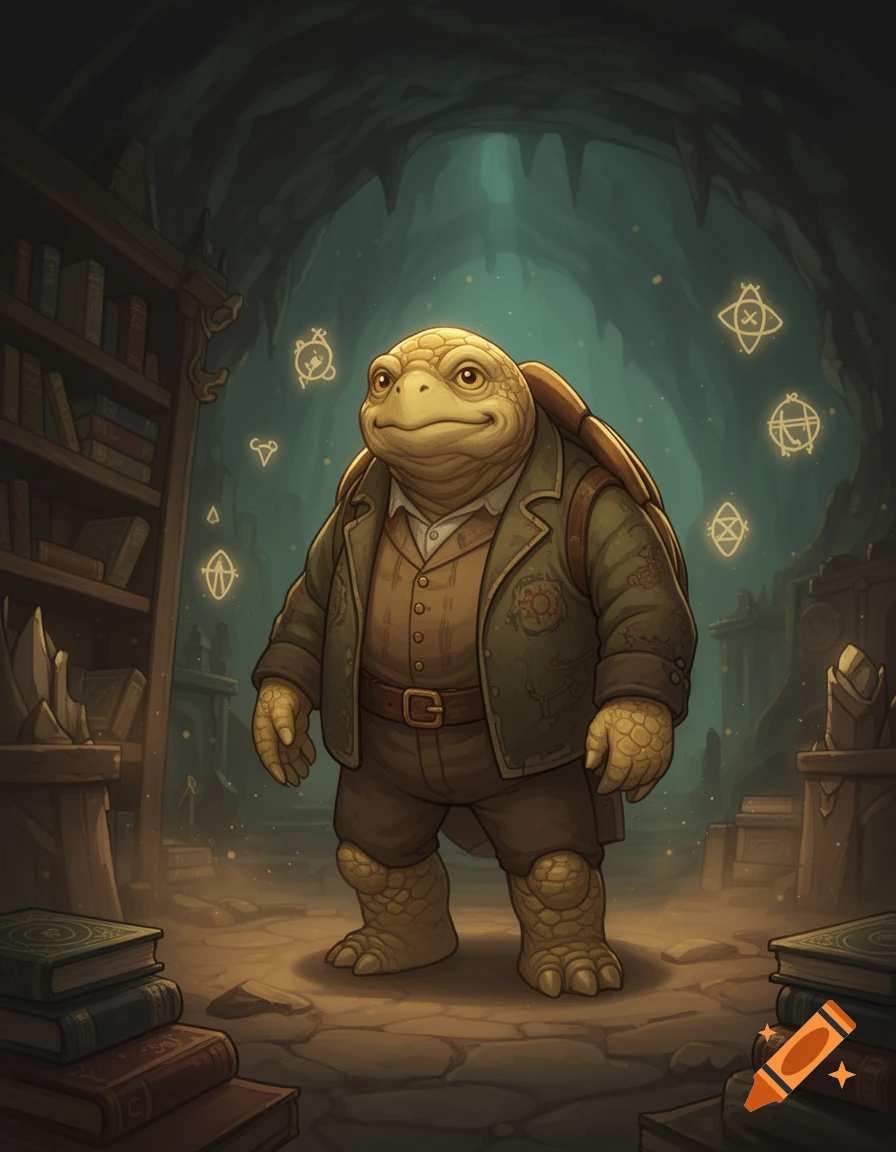 Digital illustration of an anthropomorphic turtle wearing a vest and jacket standing in a stone cave with floating runes and bookshelves.