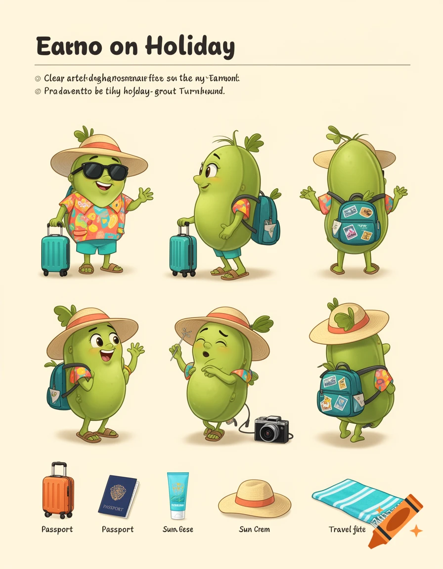 Character sheet of a cute green edamame cartoon character on holiday with sunglasses, hat, suitcase, and travel accessories in a digital art style.