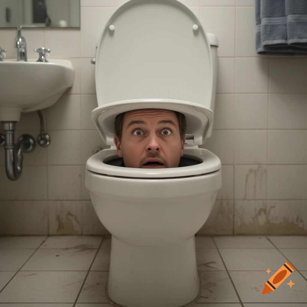 Photorealistic image of a man's head poking out of a white toilet bowl in a tiled bathroom.