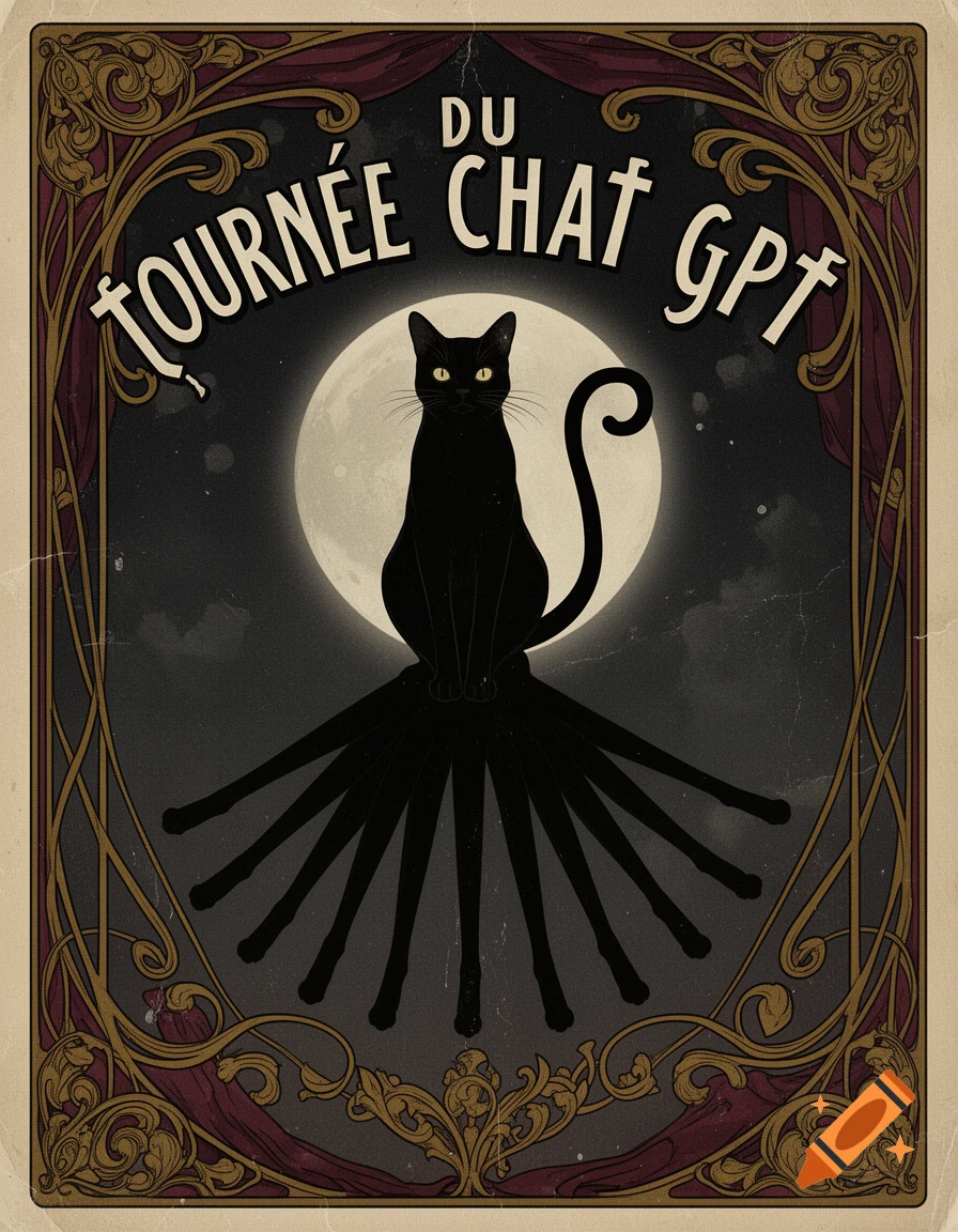 Vintage art style poster of a black cat with many legs sitting in front of a full moon, with text reading Tournée Chat Gpt.