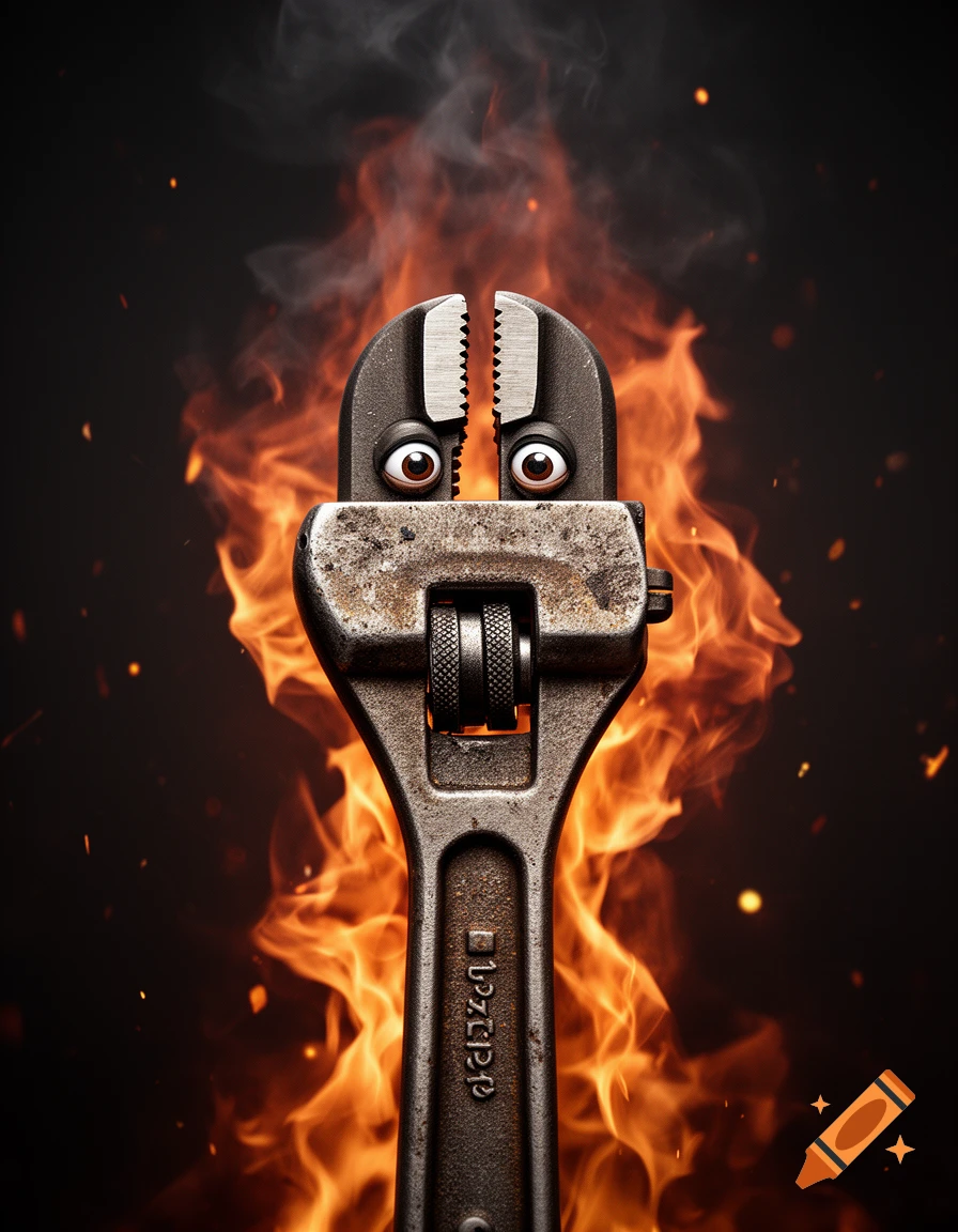 Close-up of a pipe wrench with friendly googly eyes, surrounded by bright flames and smoke.