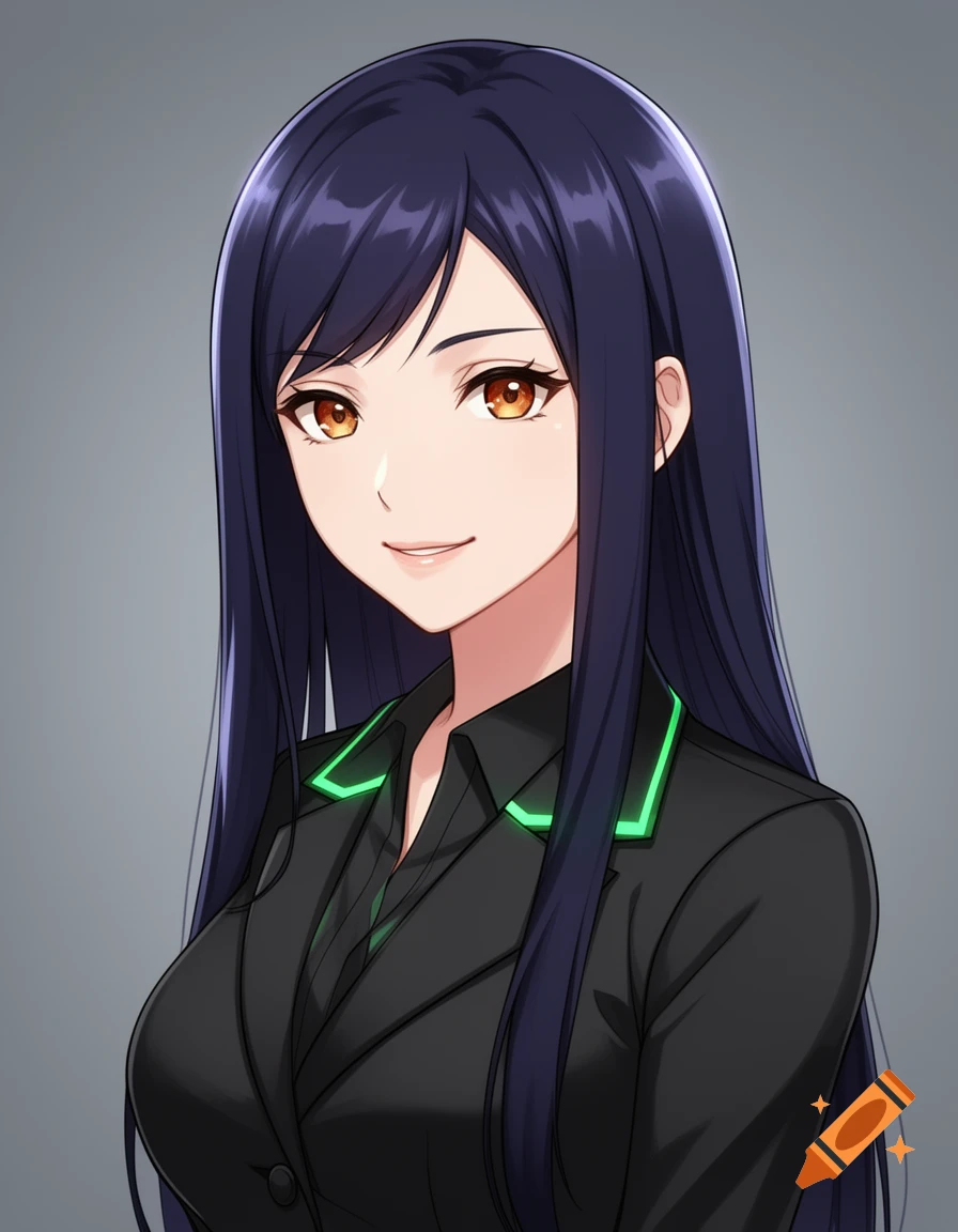 Anime portrait headshot of a young woman with long dark indigo hair, a warm smile, and a black blazer with green accents.